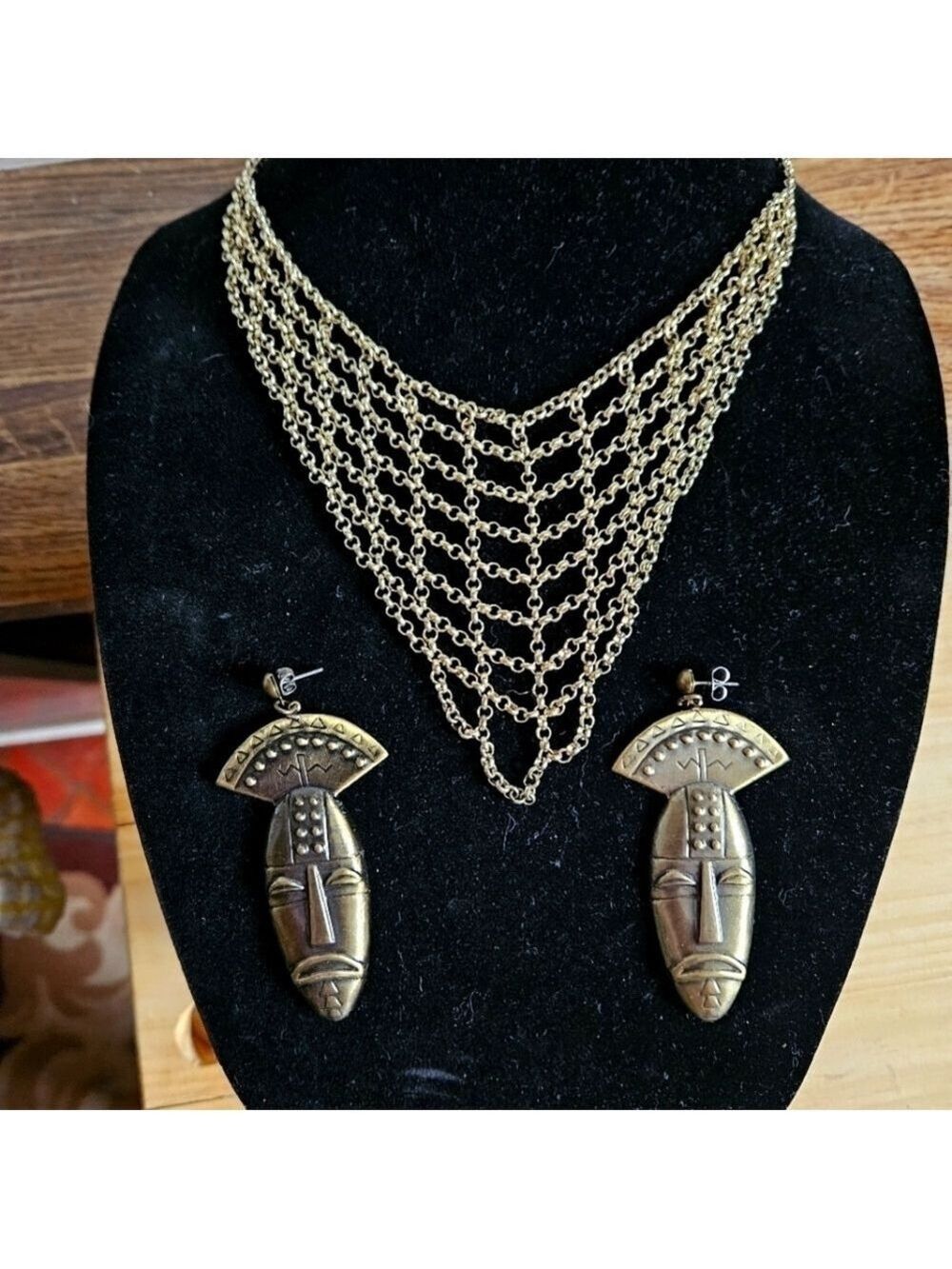 Vintage 90s Chain-mail Bib Necklace with Tribal Pierced Mask Earrings